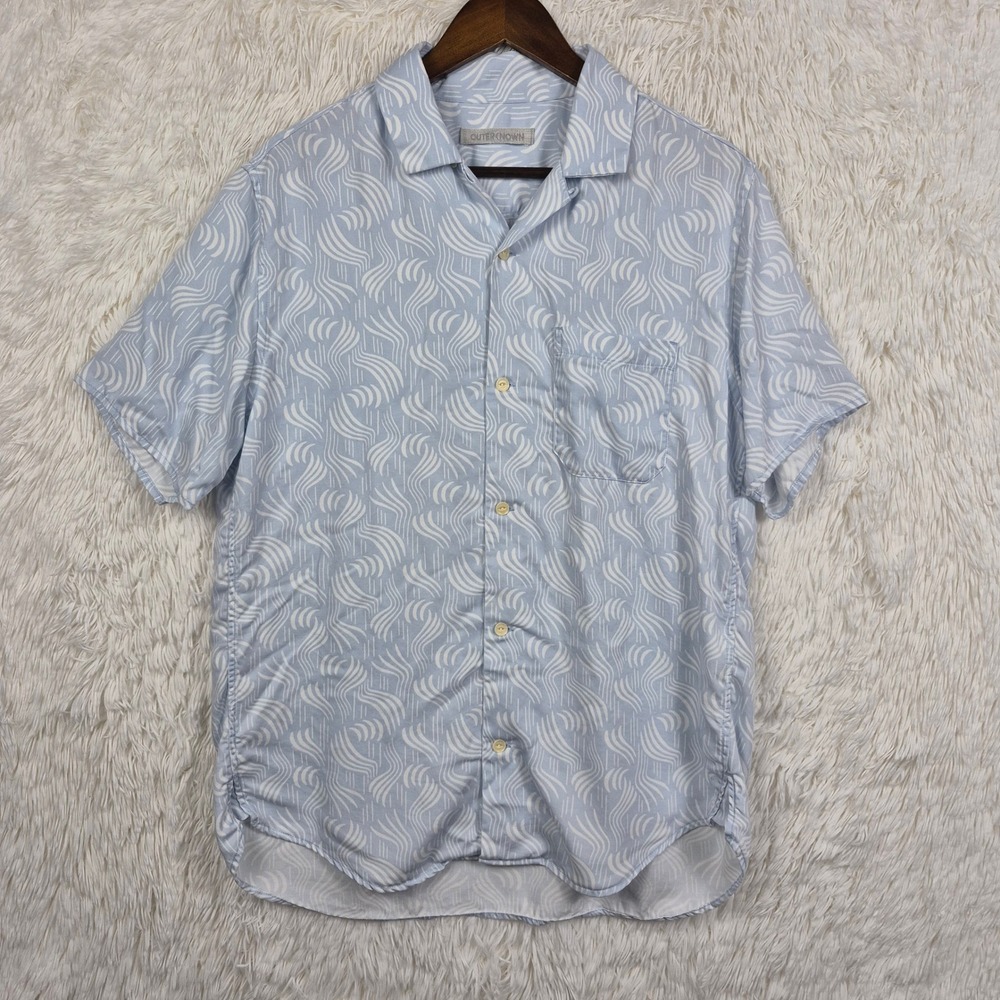 Outerknown Mens Large Blue White Wave Print Tencel Linen Short Sleeve Camp Shirt
